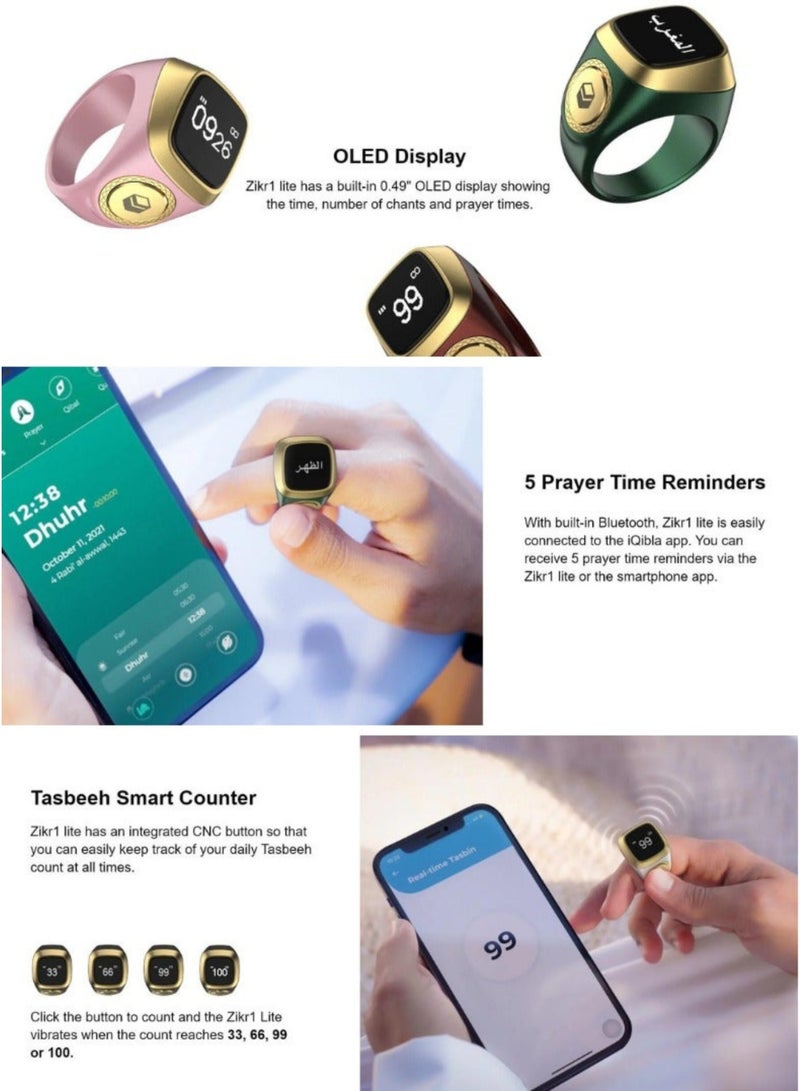iQIBLA Smart Zikr Ring Lite 20MM Digital Tasbih Counter & Prayer Time Reminder | Waterproof Islamic Wearable Technology | Muslim Dhikr Tracker | Qibla & Salat Alerts | Portable Smart Tasbeeh | Ramadan & Eid Islamic Gift for Men & Women | Pink and Gold - Image 4